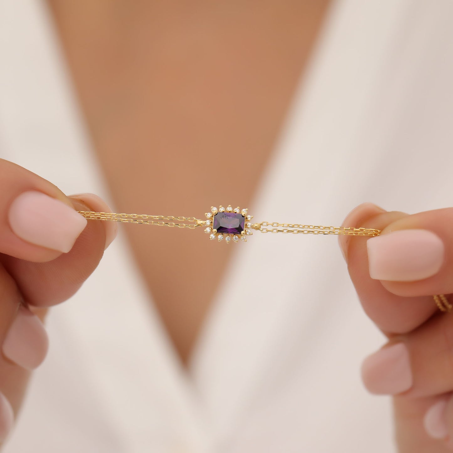 Amethyst Rectangle Bracelet surrounded by Real Diamonds in 14K Solid Gold, February Birthstone Jewelry Queen Jewelry Bracelet