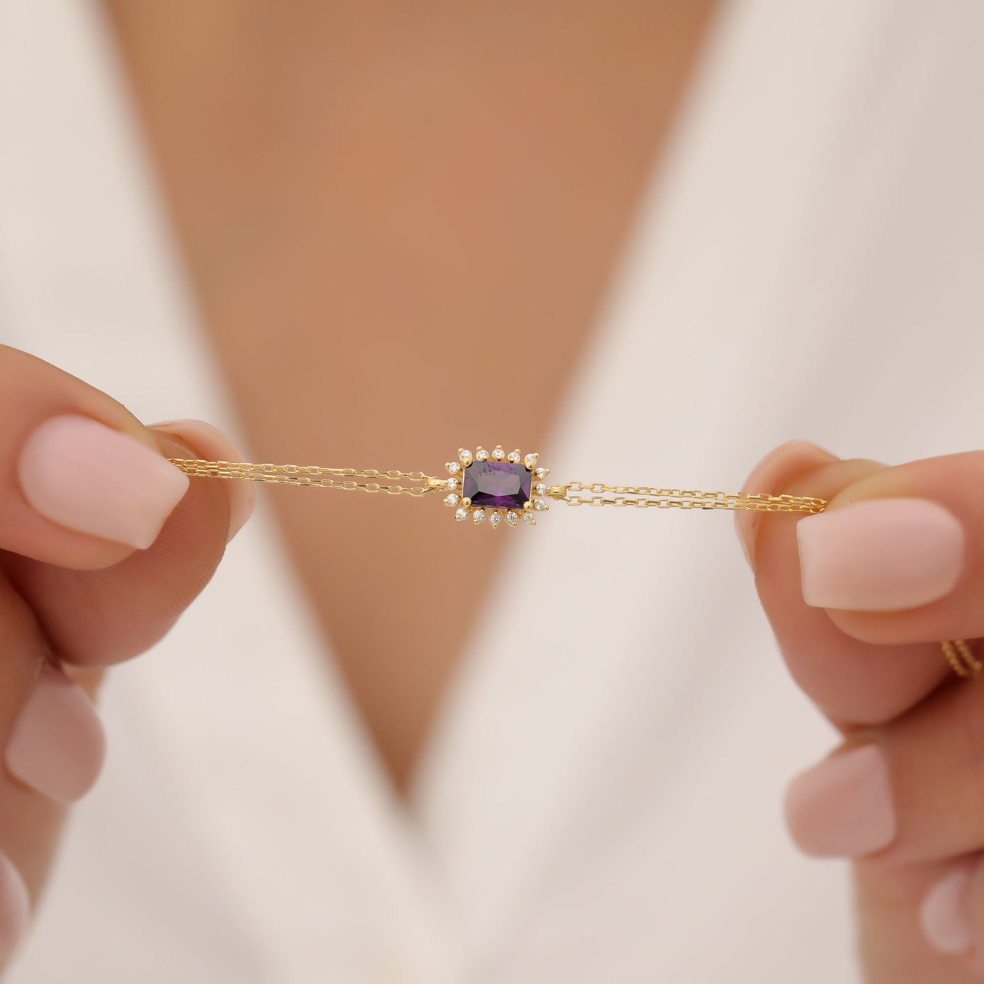 Amethyst Rectangle Bracelet surrounded by Real Diamonds in 14K Solid Gold, February Birthstone Jewelry Queen Jewelry Bracelet