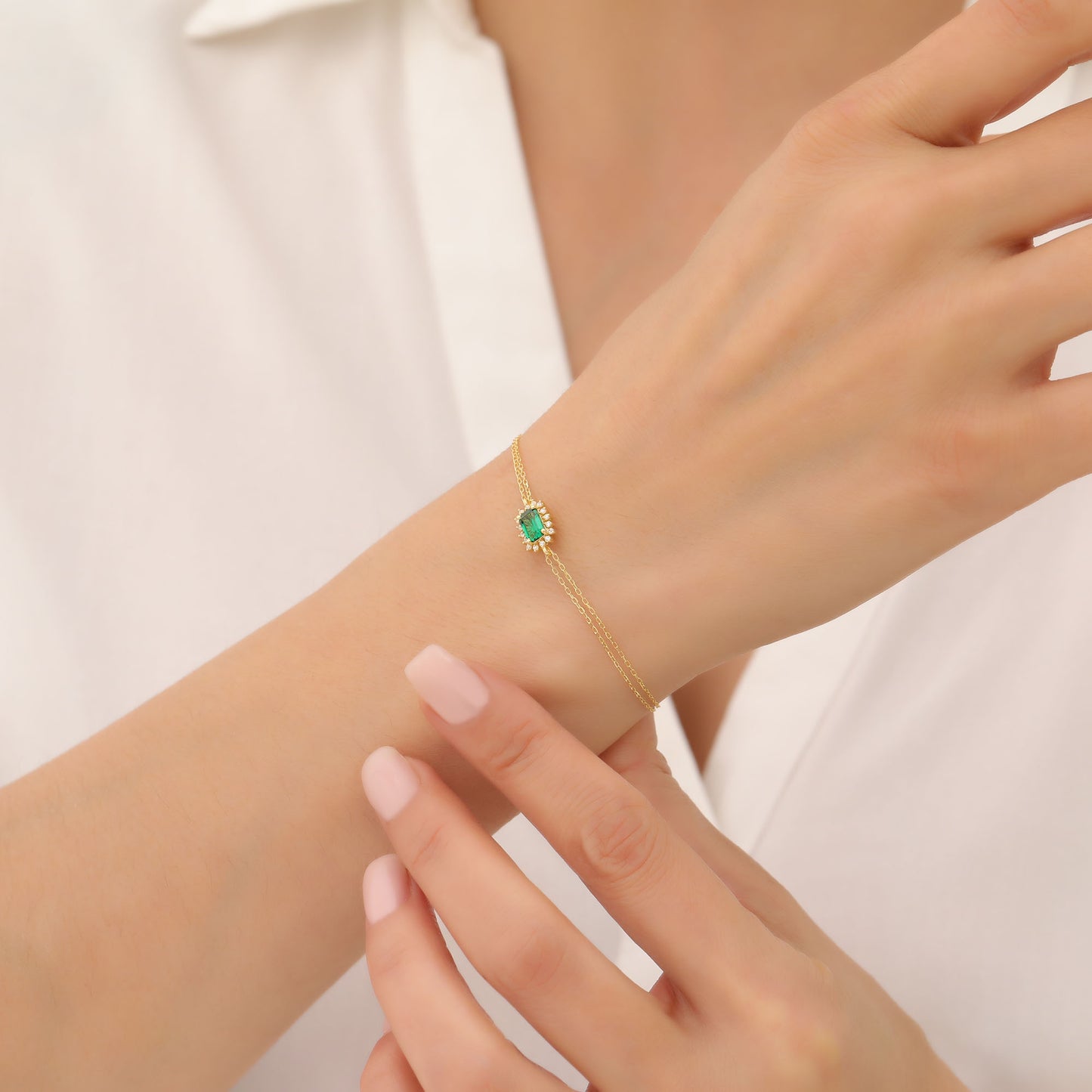 Emerald Rectangle Bracelet surrounded by Real Diamonds in 14K Solid Gold, May Birthstone Jewelry Queen Jewelry Bracelet