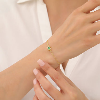 Emerald Rectangle Bracelet surrounded by Real Diamonds in 14K Solid Gold, May Birthstone Jewelry Queen Jewelry Bracelet