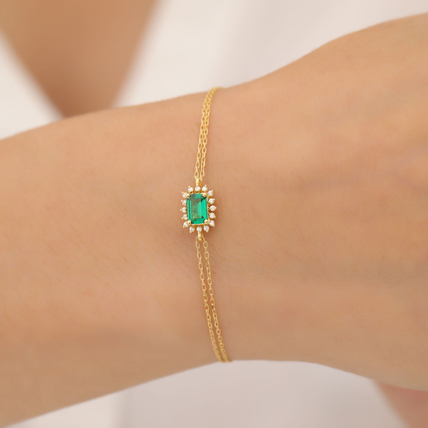 Emerald Rectangle Bracelet surrounded by Real Diamonds in 14K Solid Gold, May Birthstone Jewelry Queen Jewelry Bracelet