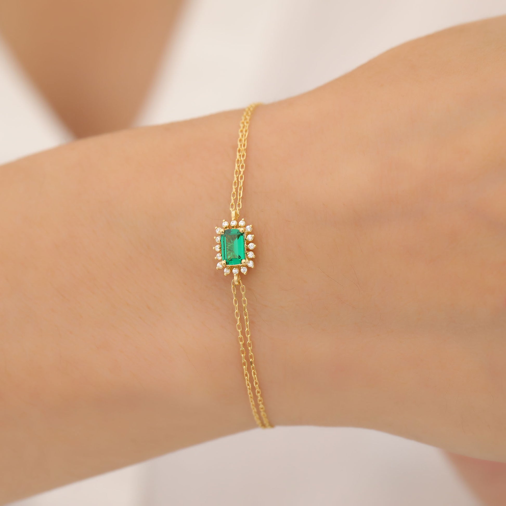 Emerald Rectangle Bracelet surrounded by Real Diamonds in 14K Solid Gold, May Birthstone Jewelry Queen Jewelry Bracelet