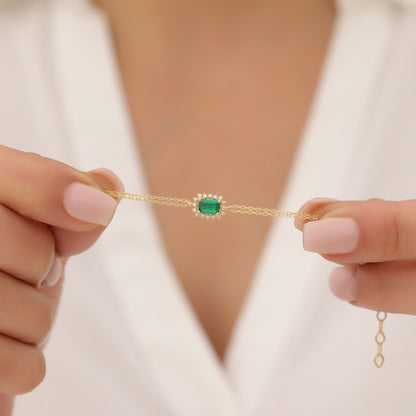 Emerald Rectangle Bracelet surrounded by Real Diamonds in 14K Solid Gold, May Birthstone Jewelry Queen Jewelry Bracelet