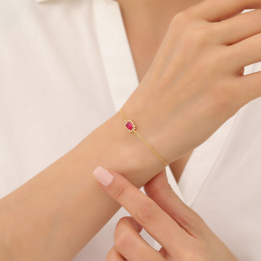 Ruby Rectangle Bracelet surrounded by Real Diamonds in 14K Solid Gold, July Birthstone Jewelry Queen Jewelry Bracelet