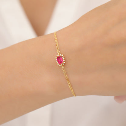 Ruby Rectangle Bracelet surrounded by Real Diamonds in 14K Solid Gold, July Birthstone Jewelry Queen Jewelry Bracelet