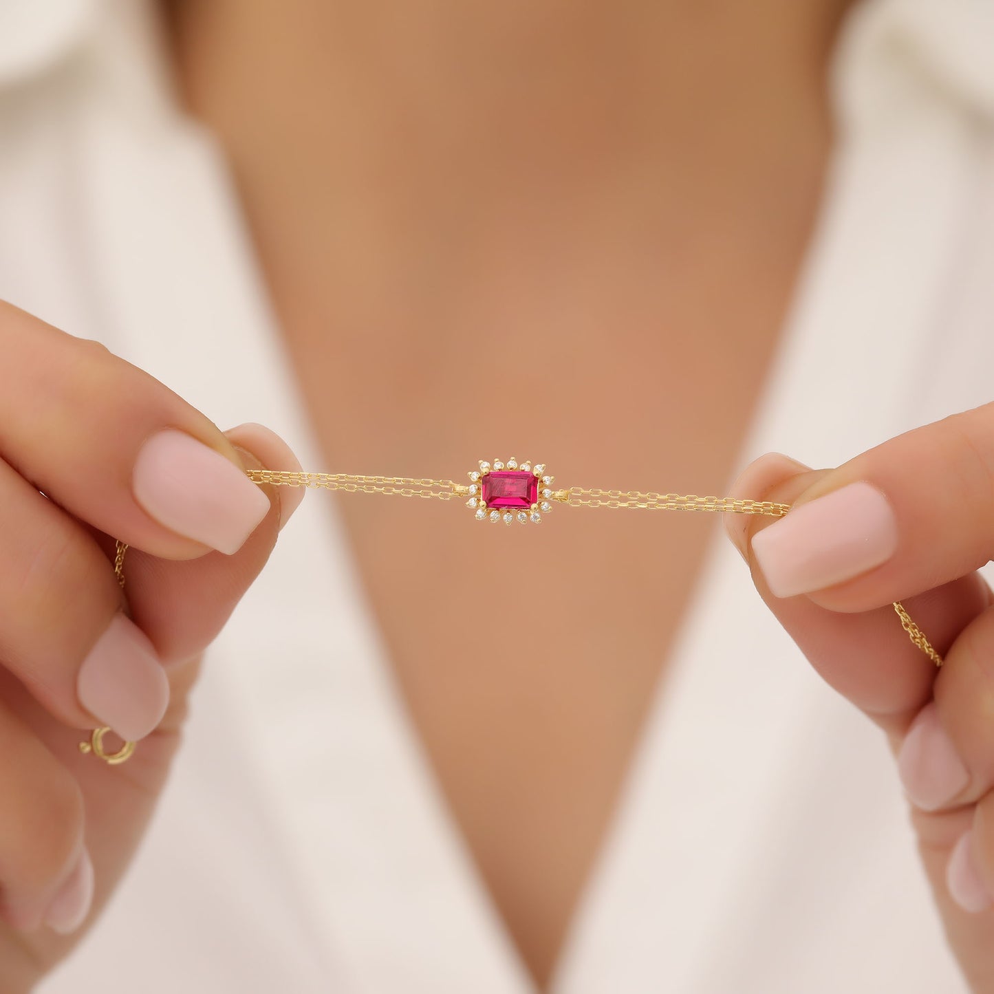 Ruby Rectangle Bracelet surrounded by Real Diamonds in 14K Solid Gold, July Birthstone Jewelry Queen Jewelry Bracelet
