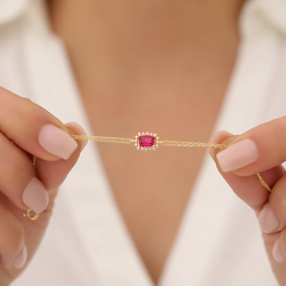 Ruby Rectangle Bracelet surrounded by Real Diamonds in 14K Solid Gold, July Birthstone Jewelry Queen Jewelry Bracelet