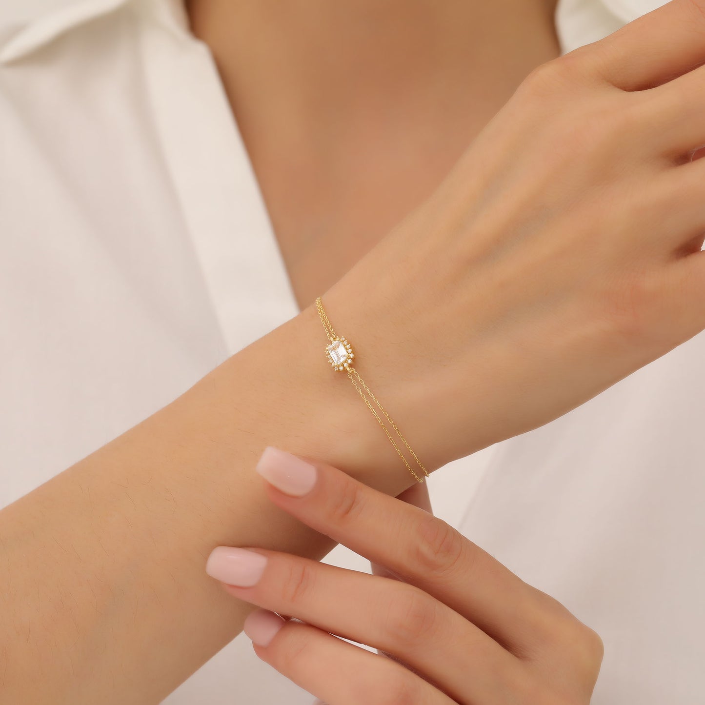 White Topaz Rectangle Bracelet surrounded by Real Diamonds in 14K Solid Gold, April Birthstone Jewelry Queen Jewelry Bracelet