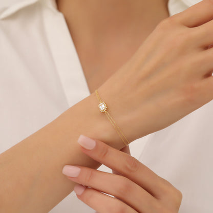 White Topaz Rectangle Bracelet surrounded by Real Diamonds in 14K Solid Gold, April Birthstone Jewelry Queen Jewelry Bracelet