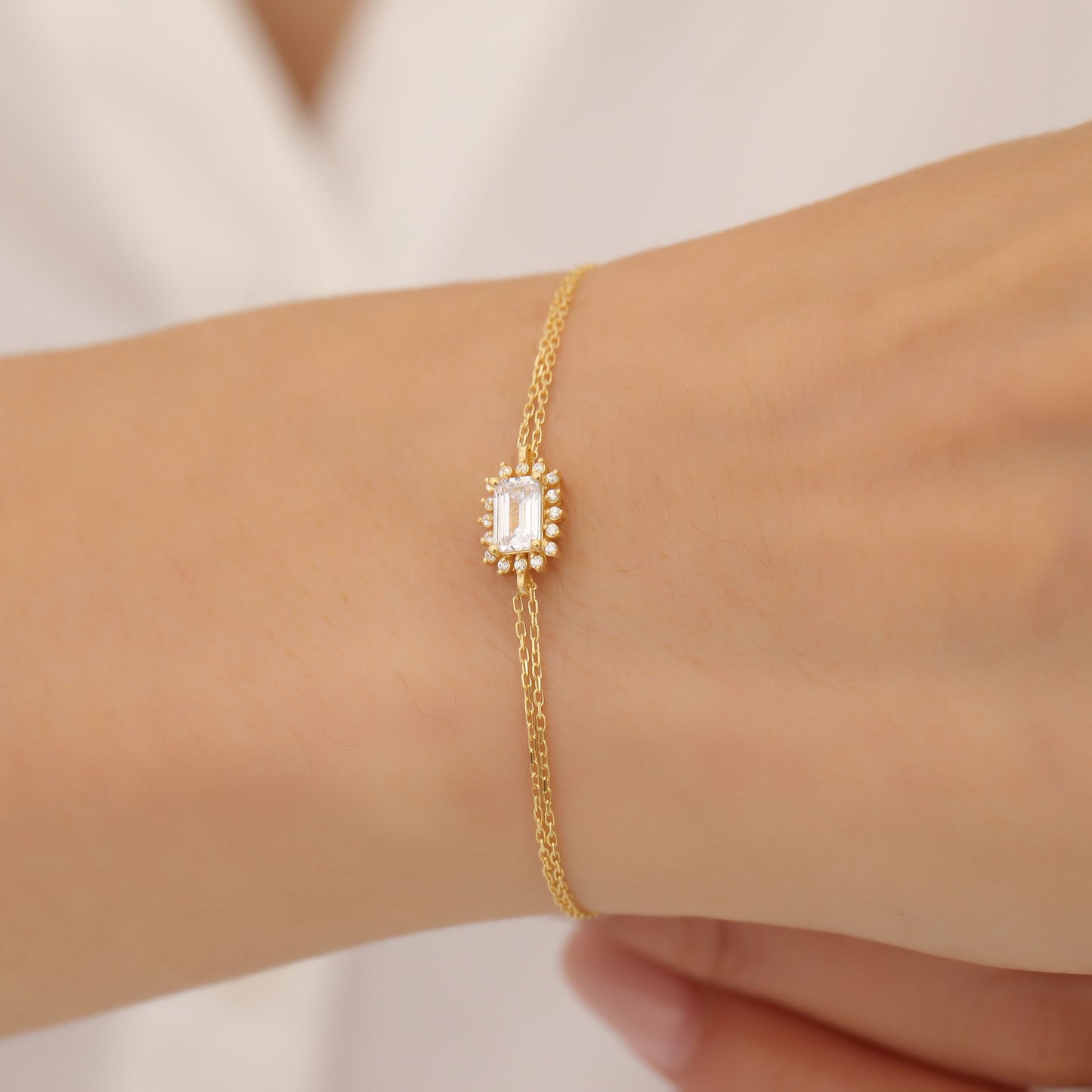 White Topaz Rectangle Bracelet surrounded by Real Diamonds in 14K Solid Gold, April Birthstone Jewelry Queen Jewelry Bracelet