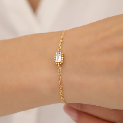 White Topaz Rectangle Bracelet surrounded by Real Diamonds in 14K Solid Gold, April Birthstone Jewelry Queen Jewelry Bracelet