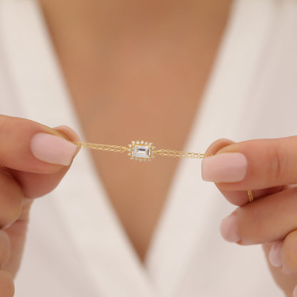 White Topaz Rectangle Bracelet surrounded by Real Diamonds in 14K Solid Gold, April Birthstone Jewelry Queen Jewelry Bracelet