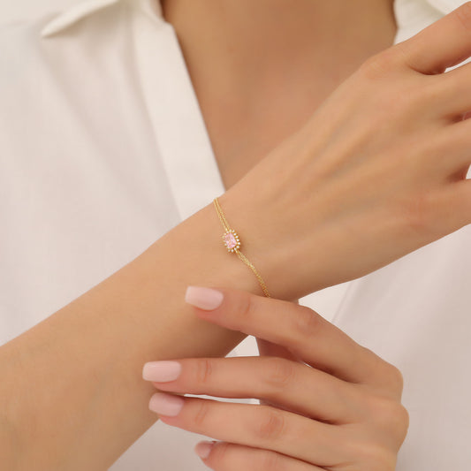 Pink Tourmaline Rectangle Bracelet surrounded by Real Diamonds in 14K Solid Gold, October Birthstone Jewelry Queen Jewelry Bracelet