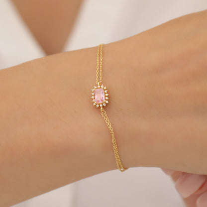 Pink Tourmaline Rectangle Bracelet surrounded by Real Diamonds in 14K Solid Gold, October Birthstone Jewelry Queen Jewelry Bracelet