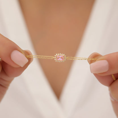 Pink Tourmaline Rectangle Bracelet surrounded by Real Diamonds in 14K Solid Gold, October Birthstone Jewelry Queen Jewelry Bracelet