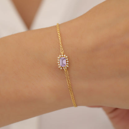 Alexandrite Rectangle Bracelet surrounded by Real Diamonds in 14K Solid Gold, June Birthstone Jewelry Queen Jewelry Bracelet