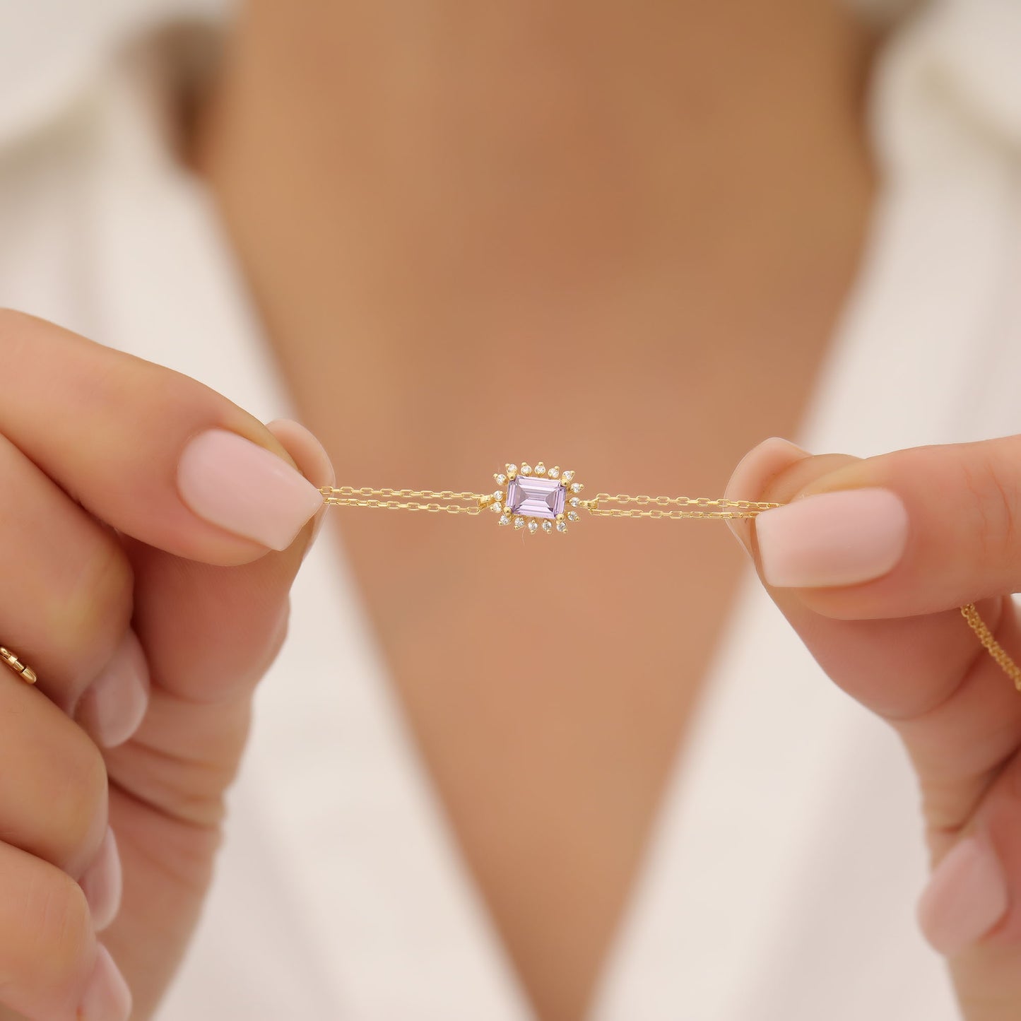 Alexandrite Rectangle Bracelet surrounded by Real Diamonds in 14K Solid Gold, June Birthstone Jewelry Queen Jewelry Bracelet
