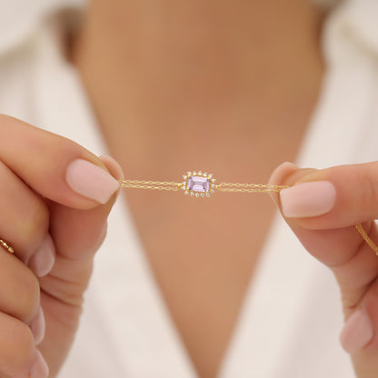 Alexandrite Rectangle Bracelet surrounded by Real Diamonds in 14K Solid Gold, June Birthstone Jewelry Queen Jewelry Bracelet