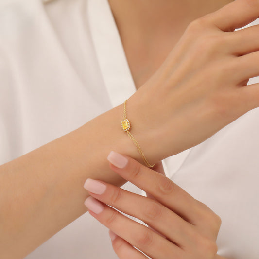 Yellow Topaz Rectangle Bracelet surrounded by Real Diamonds in 14K Solid Gold, Birthstone Jewelry Queen Jewelry Bracelet