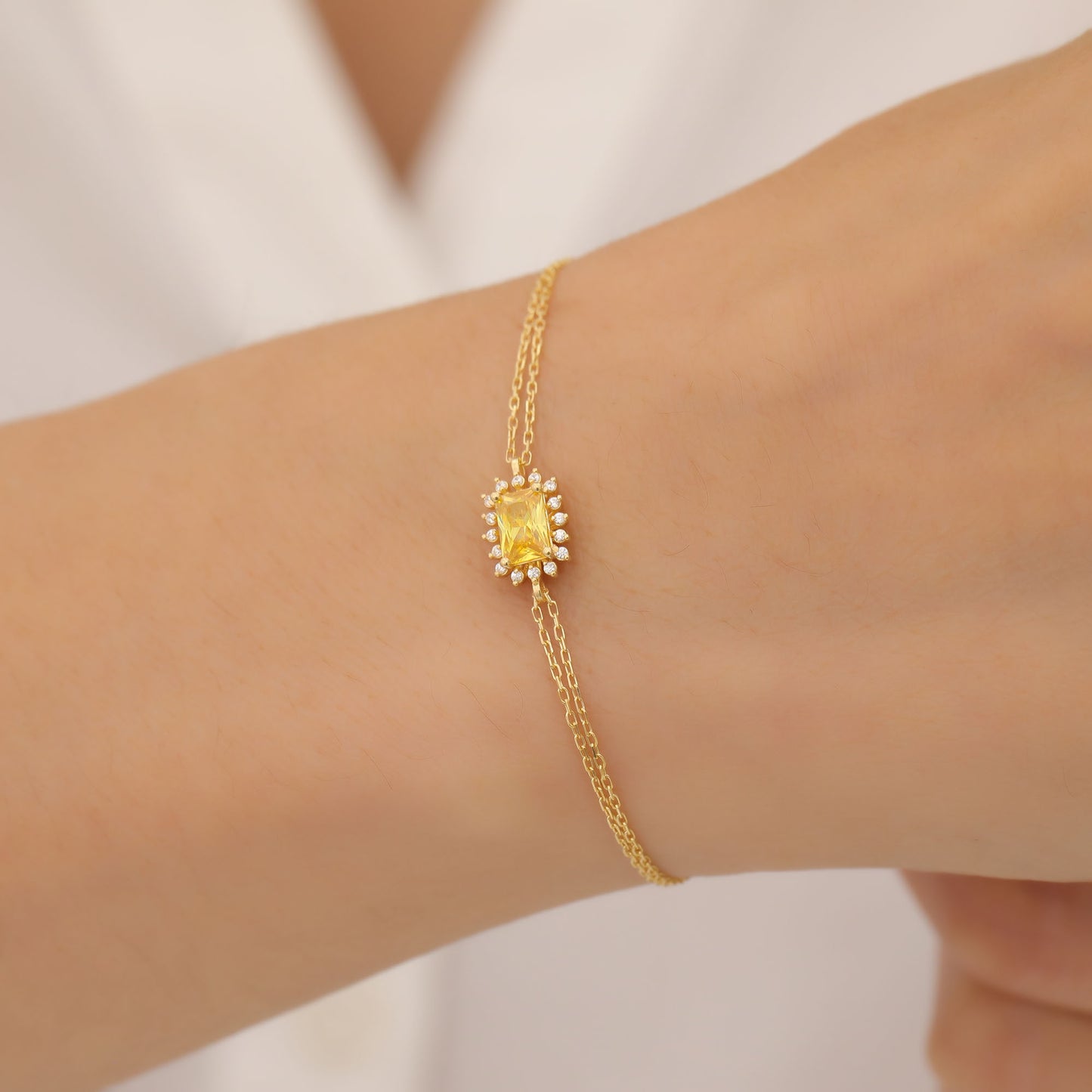 Yellow Topaz Rectangle Bracelet surrounded by Real Diamonds in 14K Solid Gold, Birthstone Jewelry Queen Jewelry Bracelet