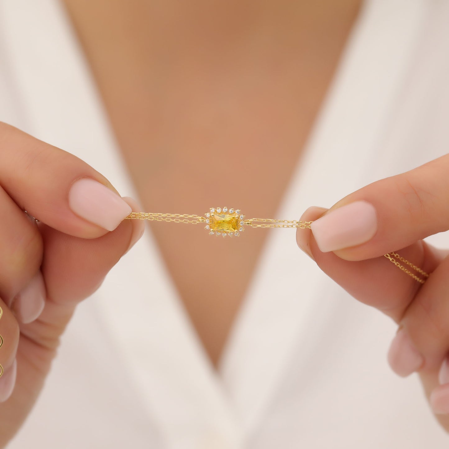 Yellow Topaz Rectangle Bracelet surrounded by Real Diamonds in 14K Solid Gold, Birthstone Jewelry Queen Jewelry Bracelet