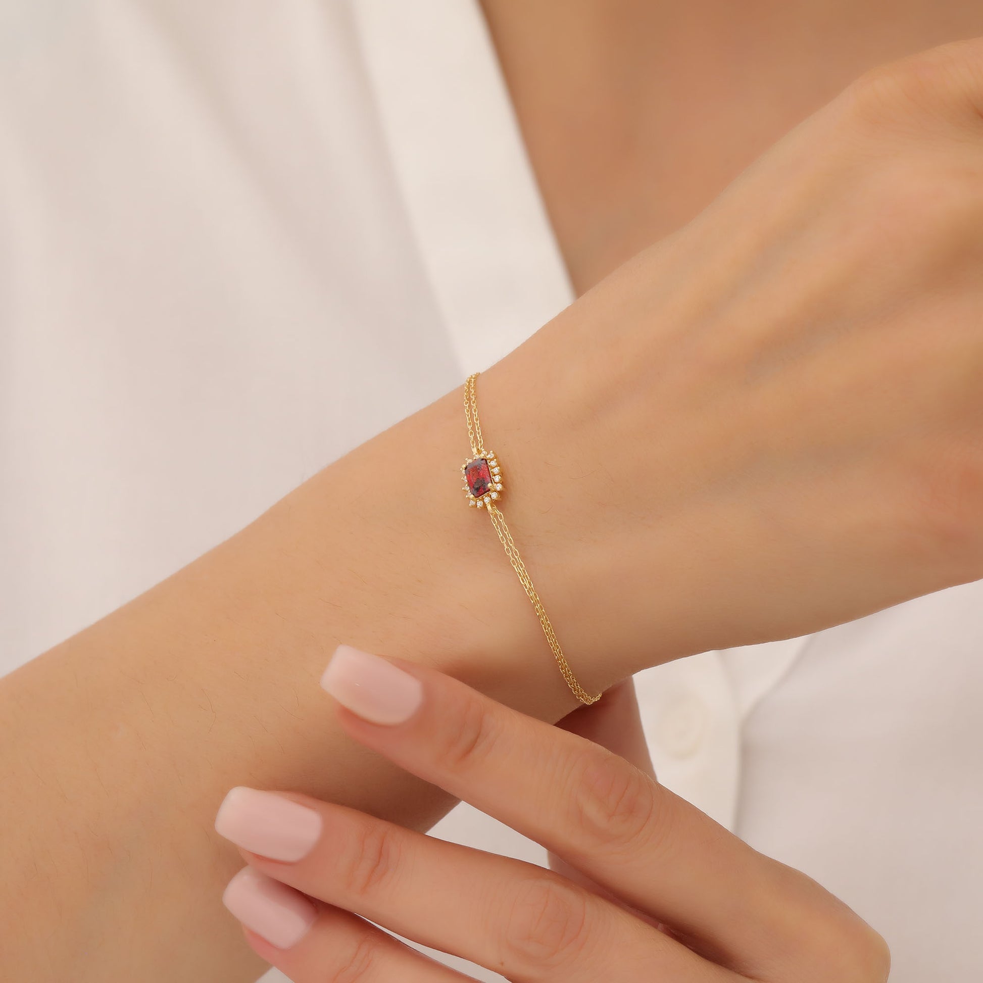 Garnet Rectangle Bracelet surrounded by Real Diamonds in 14K Solid Gold, January Birthstone Jewelry Queen Jewelry Bracelet