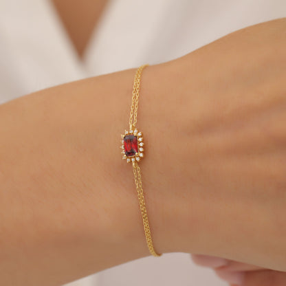 Garnet Rectangle Bracelet surrounded by Real Diamonds in 14K Solid Gold, January Birthstone Jewelry Queen Jewelry Bracelet