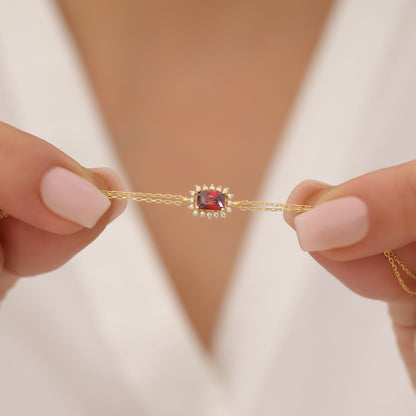 Garnet Rectangle Bracelet surrounded by Real Diamonds in 14K Solid Gold, January Birthstone Jewelry Queen Jewelry Bracelet
