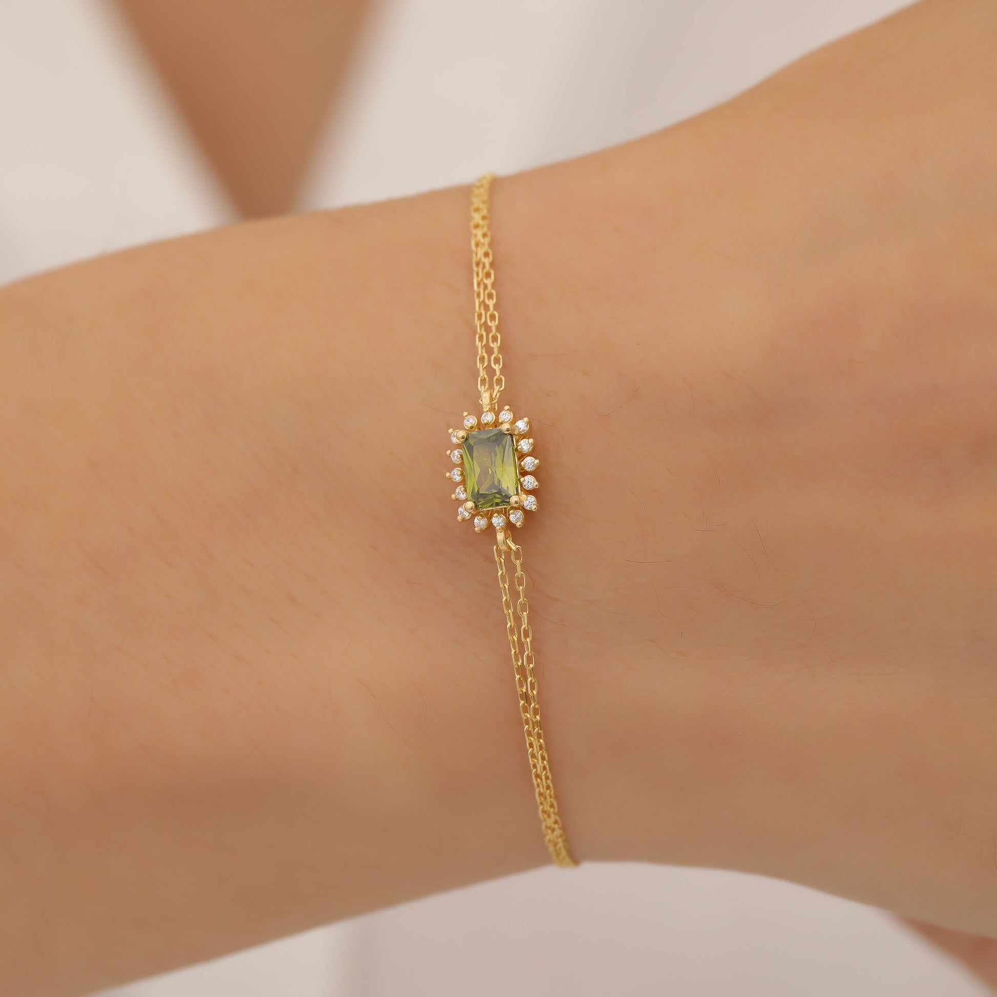 Peridot Rectangle Bracelet surrounded by Real Diamonds in 14K Solid Gold, August Birthstone Jewelry Queen Jewelry Bracelet