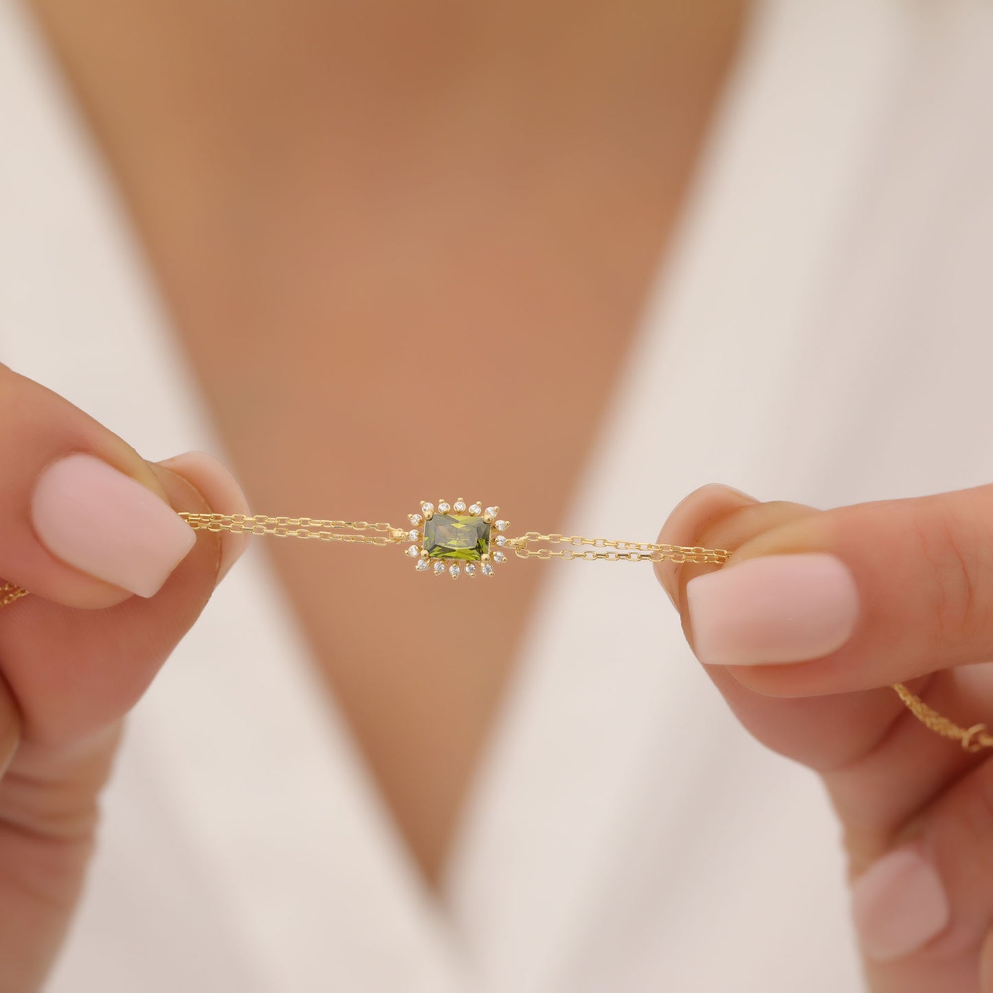 Peridot Rectangle Bracelet surrounded by Real Diamonds in 14K Solid Gold, August Birthstone Jewelry Queen Jewelry Bracelet