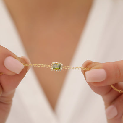 Peridot Rectangle Bracelet surrounded by Real Diamonds in 14K Solid Gold, August Birthstone Jewelry Queen Jewelry Bracelet