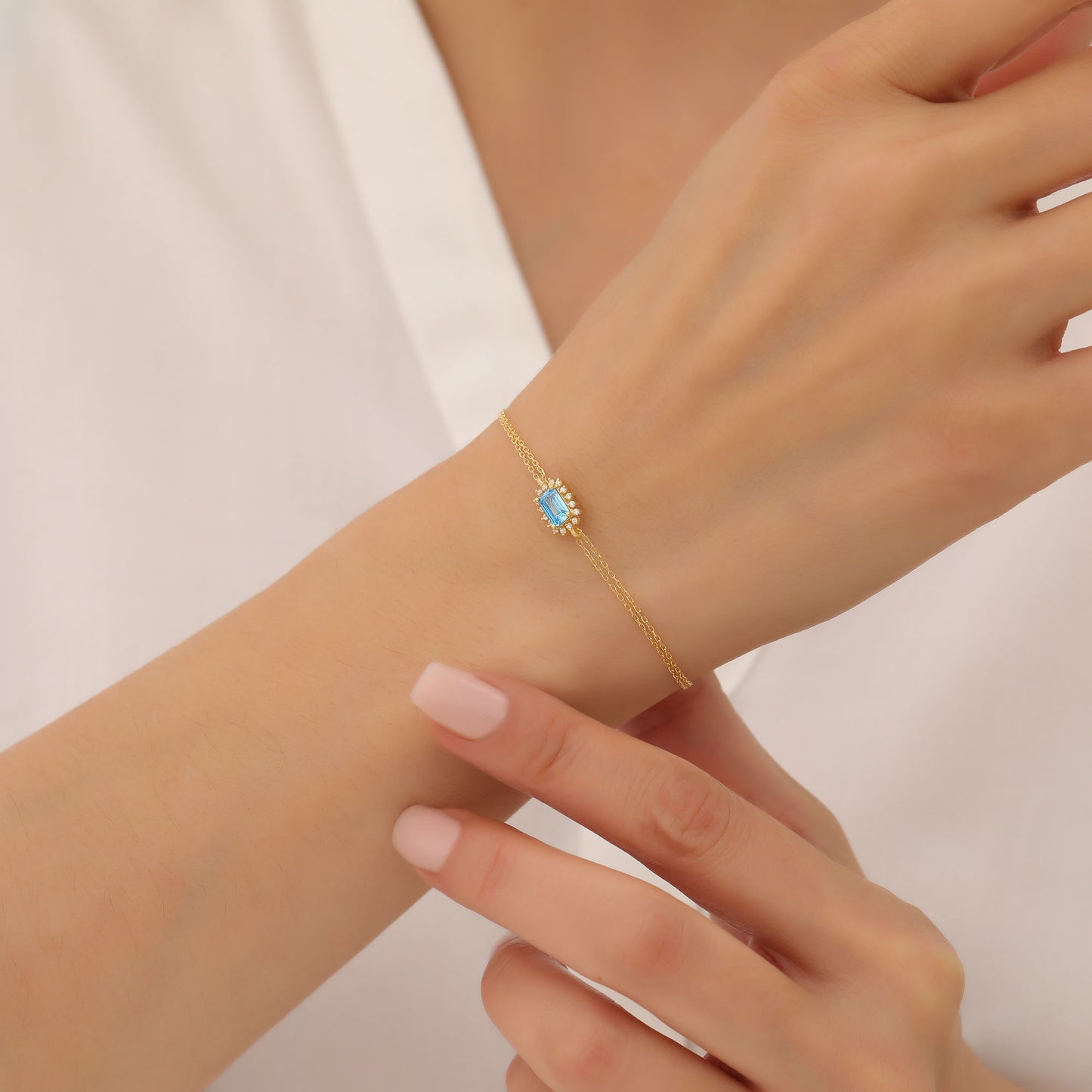 Blue Topaz Rectangle Bracelet surrounded by Real Diamonds in 14K Solid Gold, December Birthstone Jewelry Queen Jewelry Bracelet
