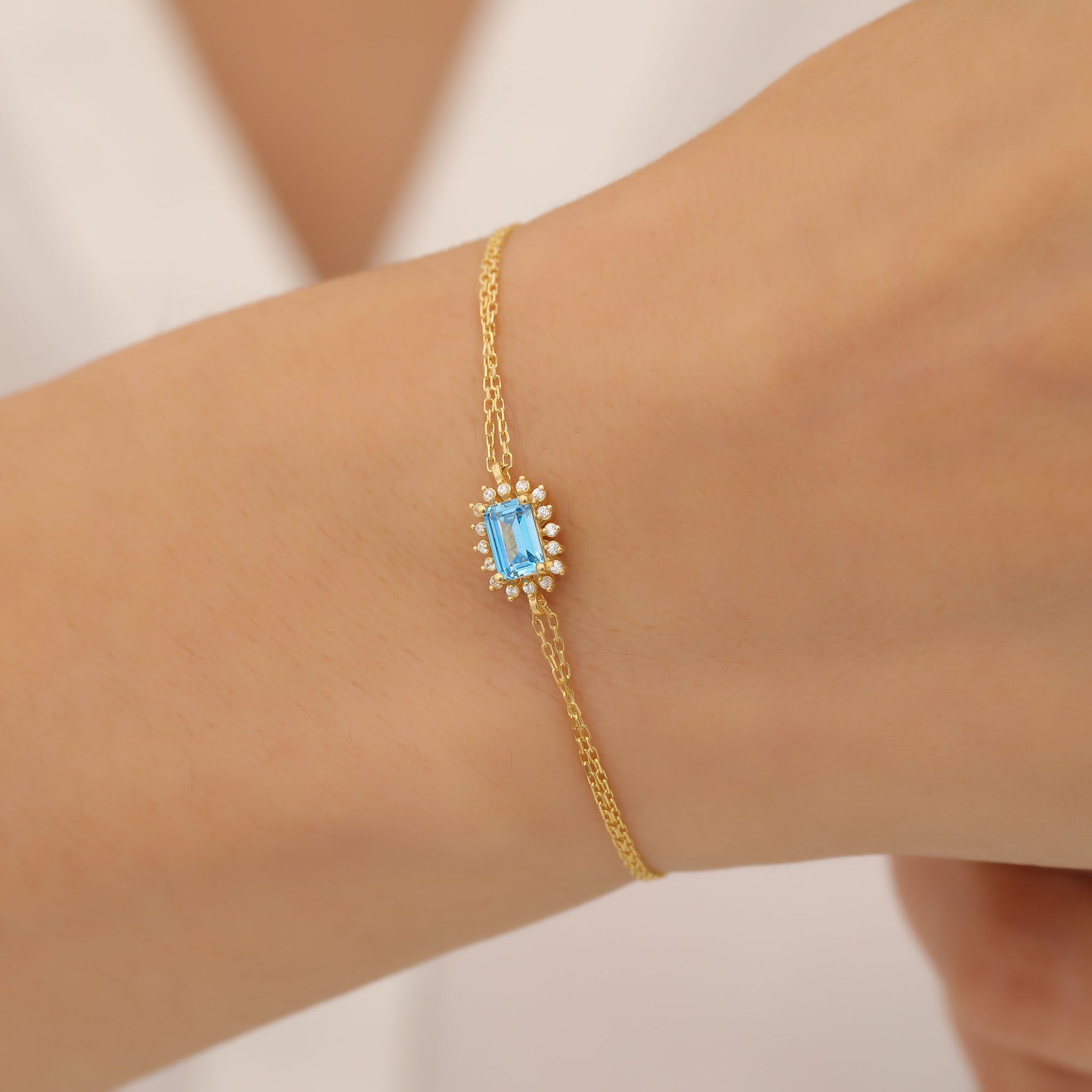 Blue Topaz Rectangle Bracelet surrounded by Real Diamonds in 14K Solid Gold, December Birthstone Jewelry Queen Jewelry Bracelet