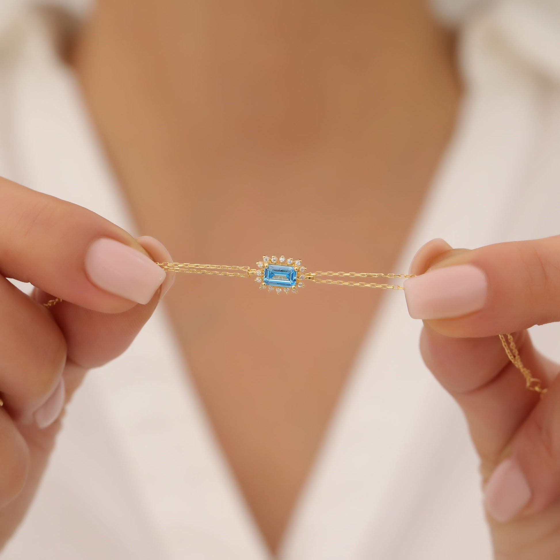 Blue Topaz Rectangle Bracelet surrounded by Real Diamonds in 14K Solid Gold, December Birthstone Jewelry Queen Jewelry Bracelet