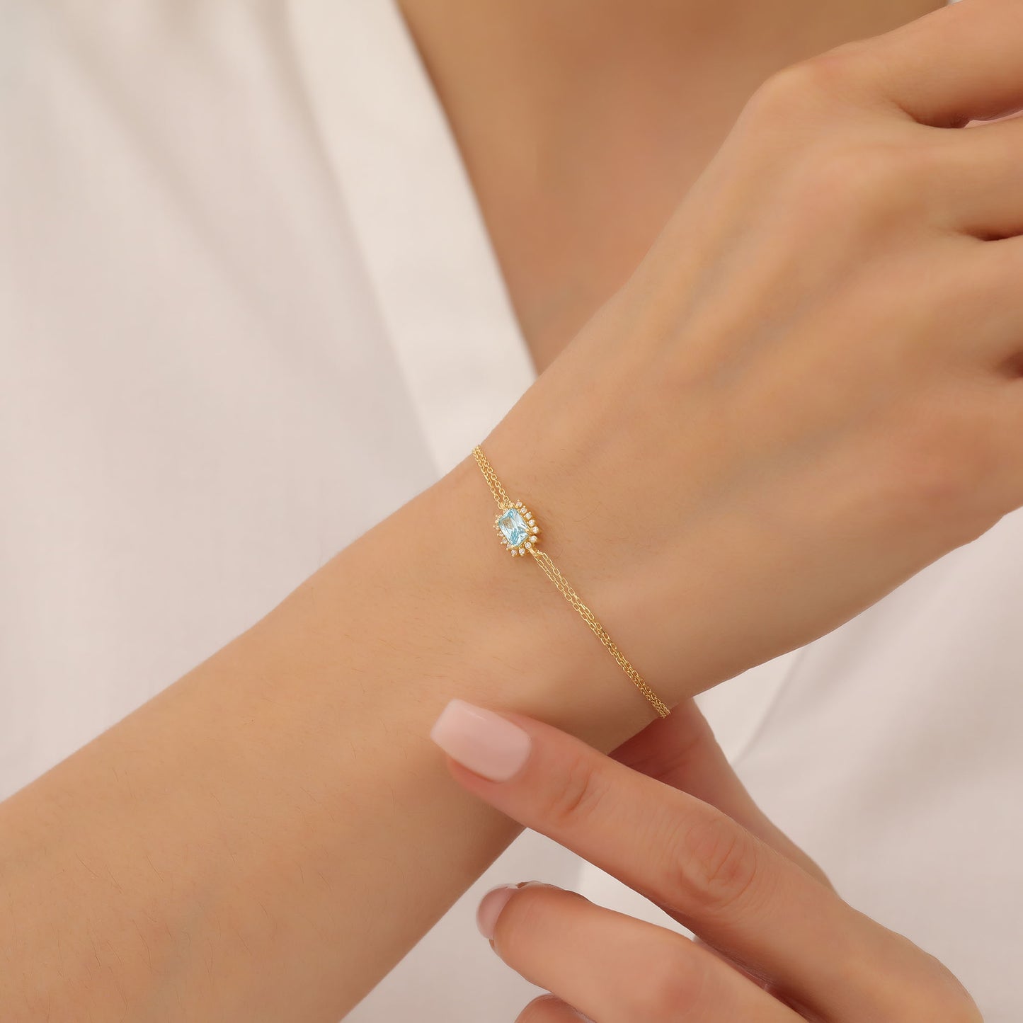 Aquamarine Rectangle Bracelet surrounded by Real Diamonds in 14K Solid Gold, March Birthstone Jewelry Queen Jewelry Bracelet