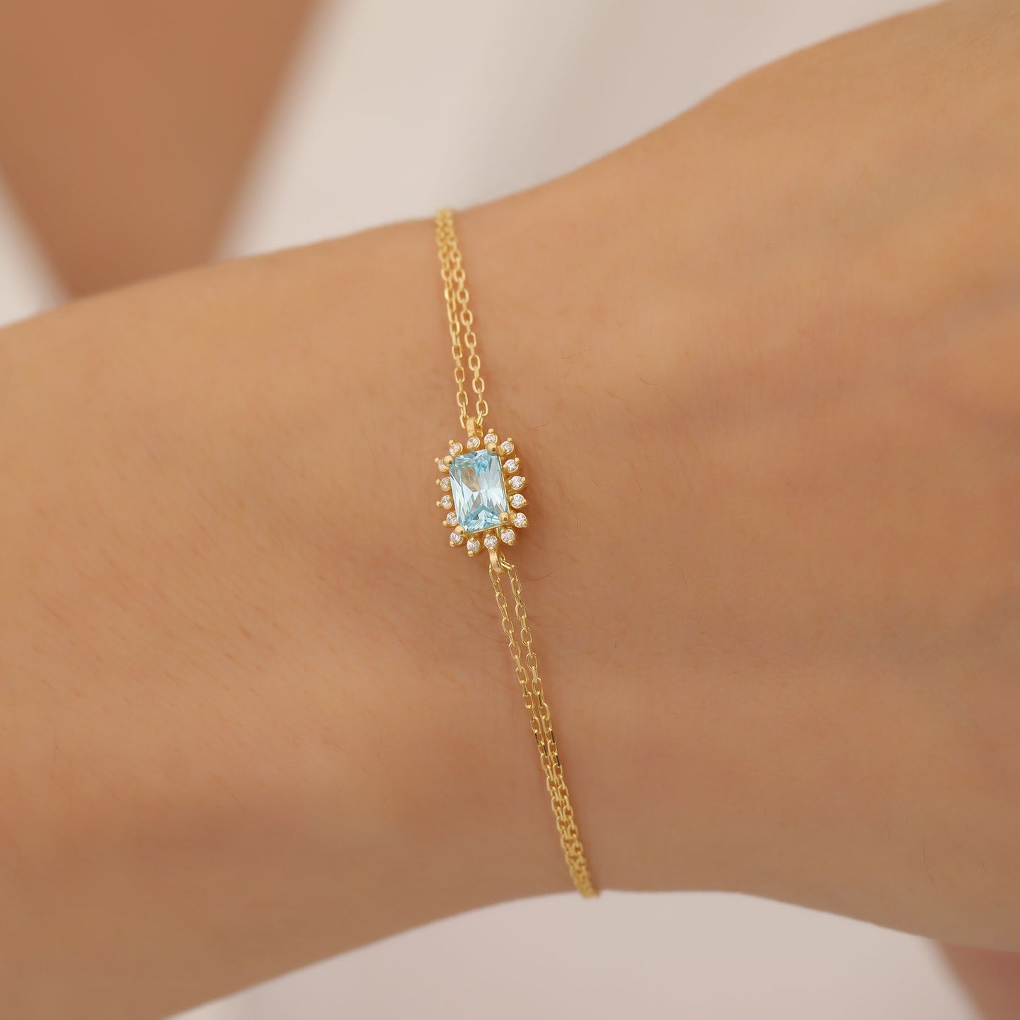 Aquamarine Rectangle Bracelet surrounded by Real Diamonds in 14K Solid Gold, March Birthstone Jewelry Queen Jewelry Bracelet