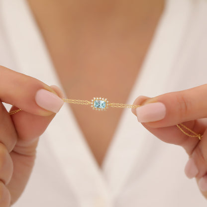 Aquamarine Rectangle Bracelet surrounded by Real Diamonds in 14K Solid Gold, March Birthstone Jewelry Queen Jewelry Bracelet