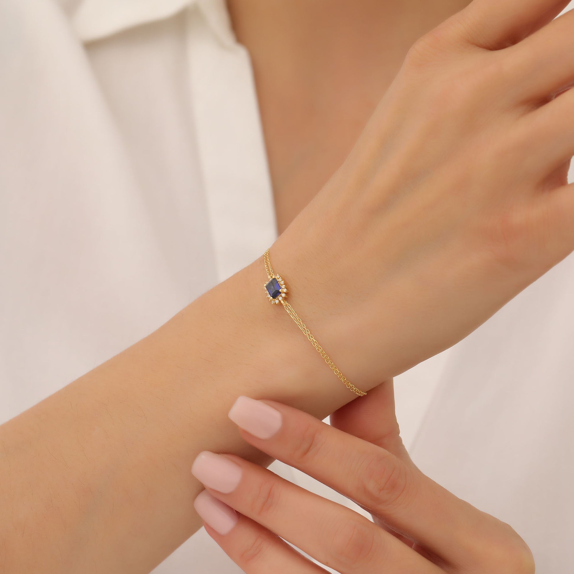 Sapphire Rectangle Bracelet surrounded by Real Diamonds in 14K Solid Gold, September Birthstone Jewelry Queen Jewelry Bracelet