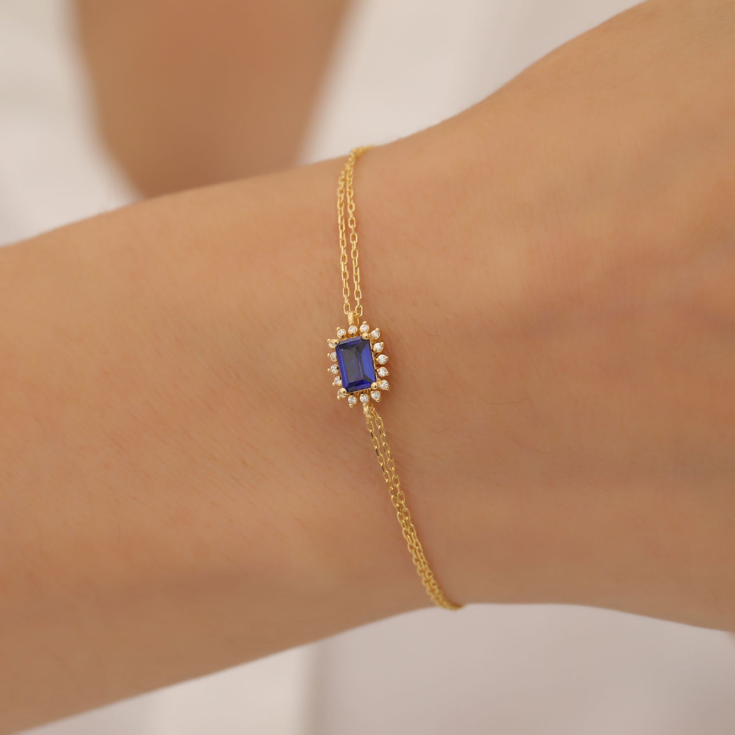 Sapphire Rectangle Bracelet surrounded by Real Diamonds in 14K Solid Gold, September Birthstone Jewelry Queen Jewelry Bracelet