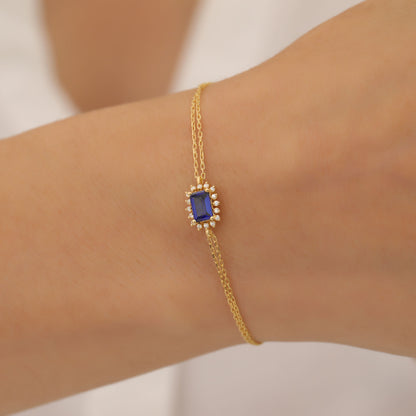Sapphire Rectangle Bracelet surrounded by Real Diamonds in 14K Solid Gold, September Birthstone Jewelry Queen Jewelry Bracelet