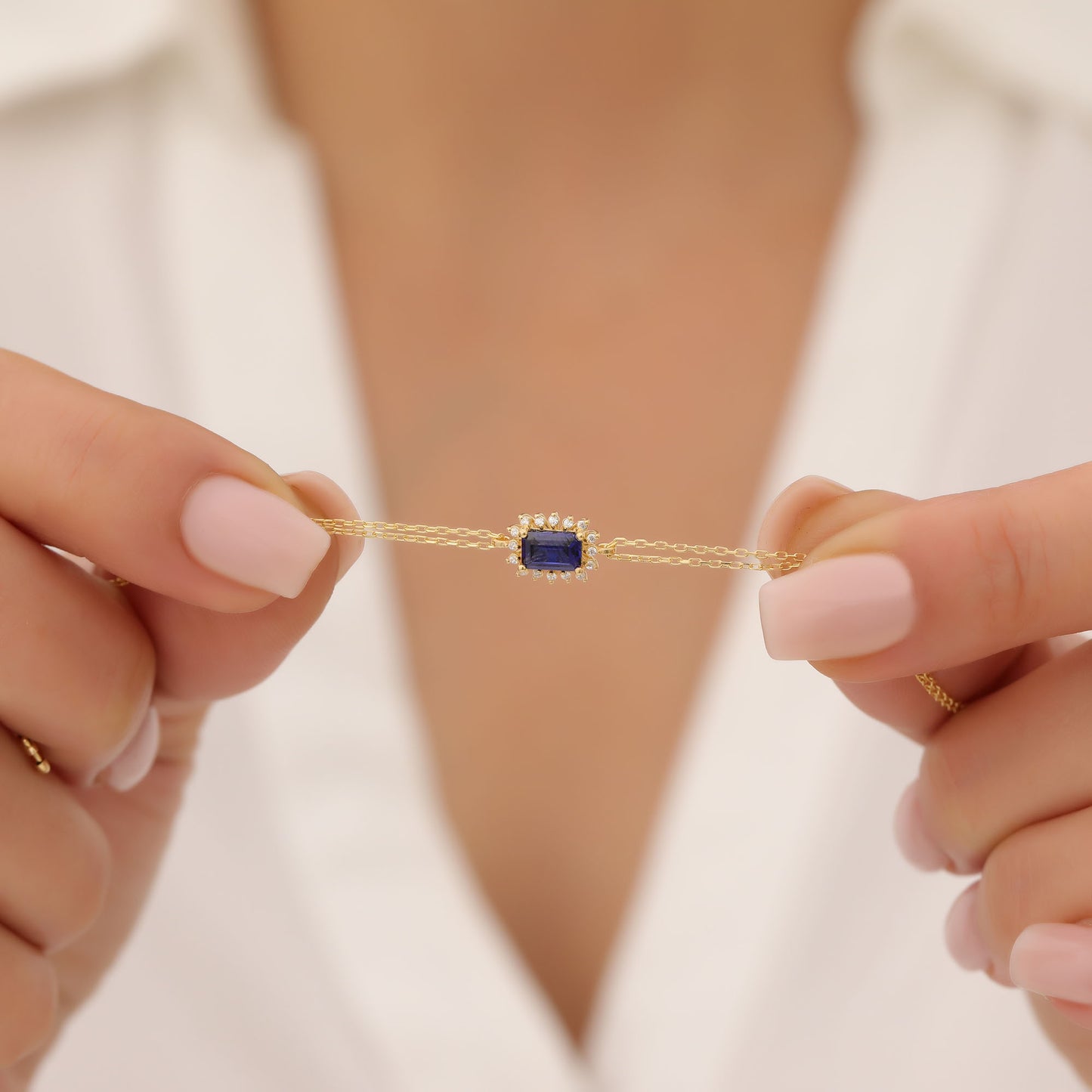 Sapphire Rectangle Bracelet surrounded by Real Diamonds in 14K Solid Gold, September Birthstone Jewelry Queen Jewelry Bracelet