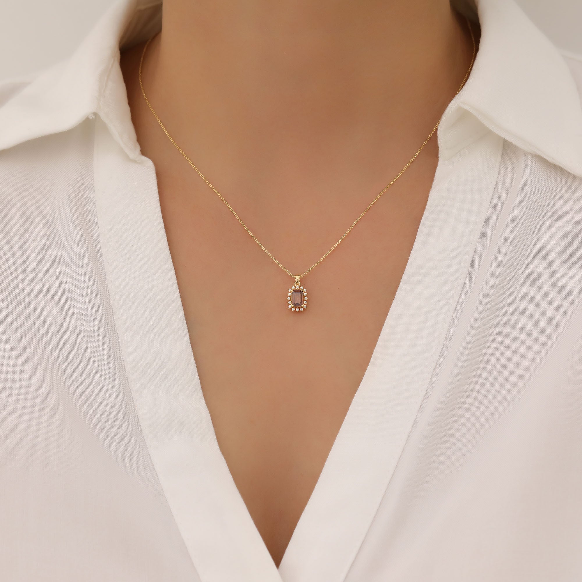 Smoky Quartz Rectangle Necklace Surrounded by Real Diamonds in 14K Solid Gold, Birthstone Jewelry Queen Jewelry Necklace