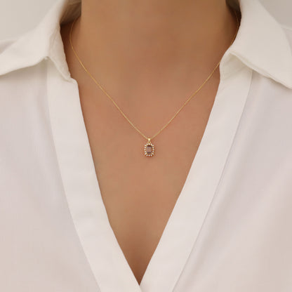 Smoky Quartz Rectangle Necklace Surrounded by Real Diamonds in 14K Solid Gold, Birthstone Jewelry Queen Jewelry Necklace