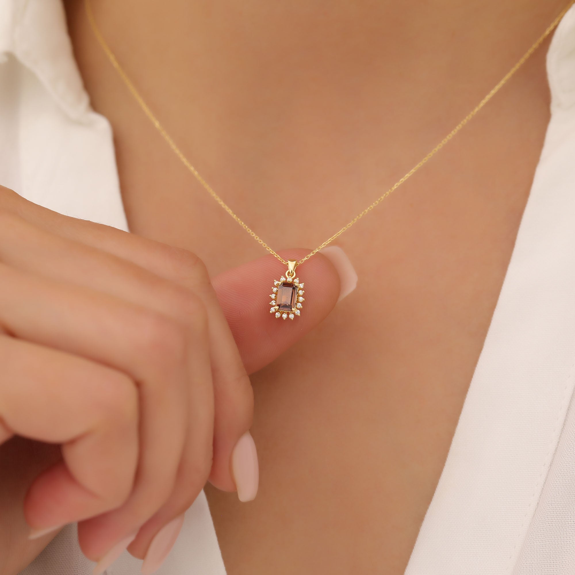 Smoky Quartz Rectangle Necklace Surrounded by Real Diamonds in 14K Solid Gold, Birthstone Jewelry Queen Jewelry Necklace