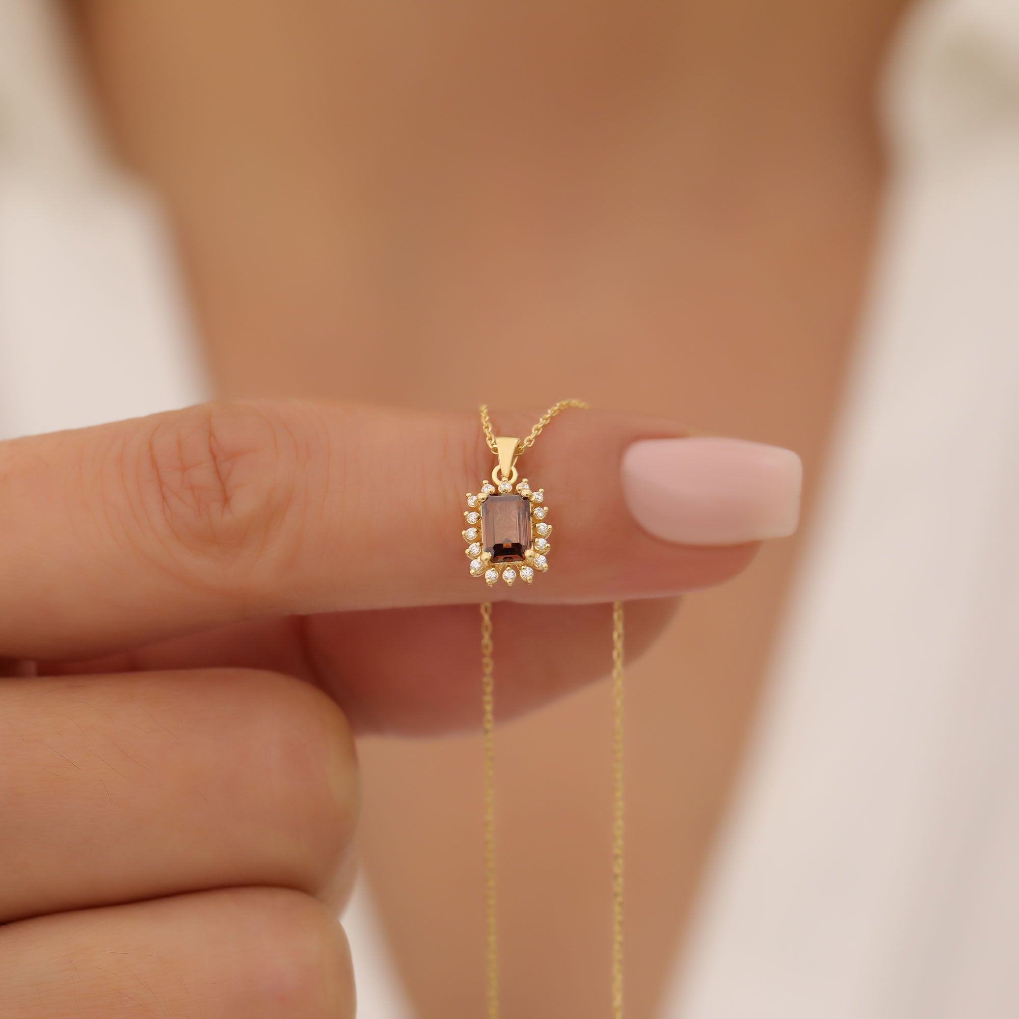 Smoky Quartz Rectangle Necklace Surrounded by Real Diamonds in 14K Solid Gold, Birthstone Jewelry Queen Jewelry Necklace