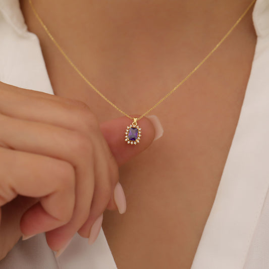 Amethyst Rectangle Necklace Surrounded by Real Diamonds in 14K Solid Gold, February Birthstone Jewelry Queen Jewelry Necklace