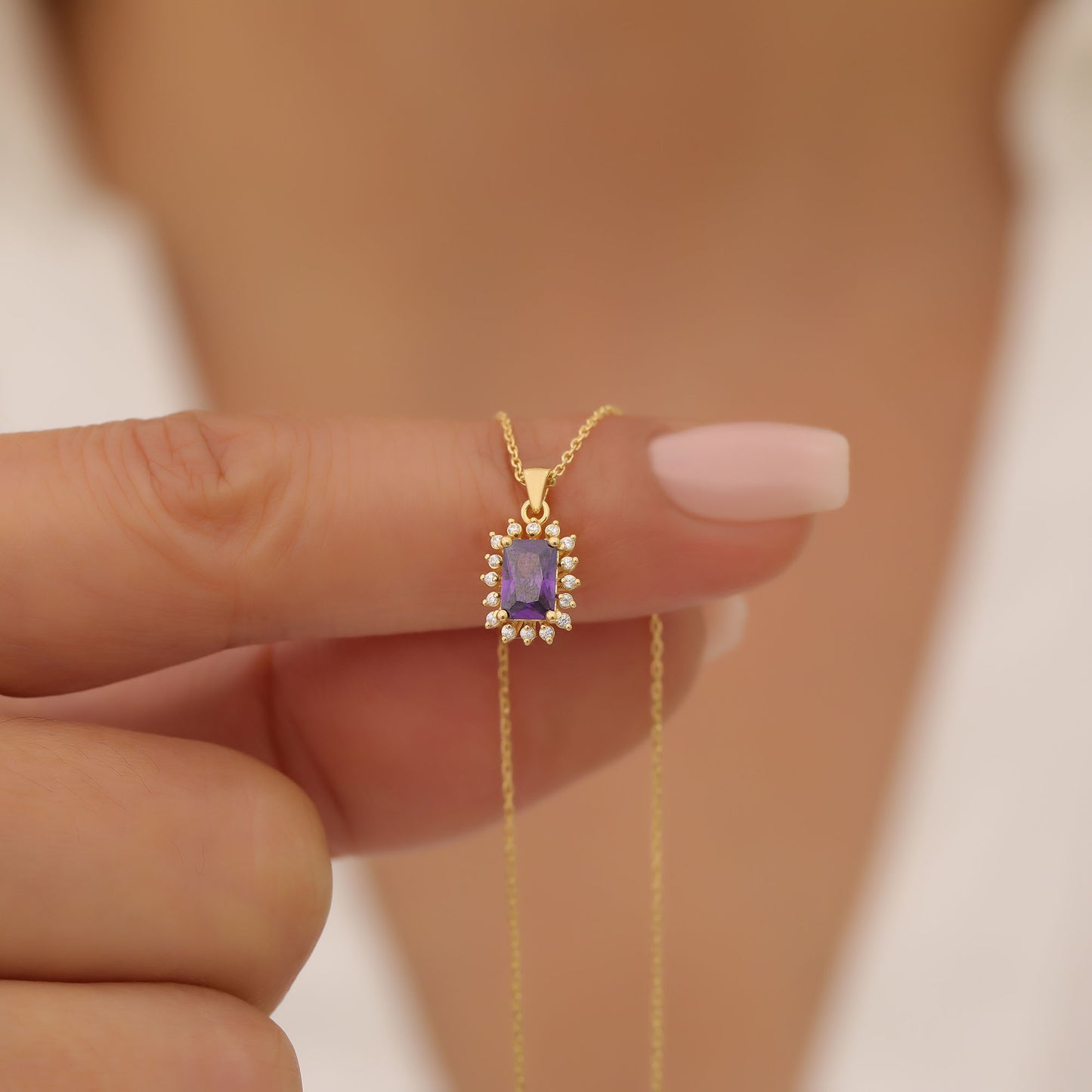 Amethyst Rectangle Necklace Surrounded by Real Diamonds in 14K Solid Gold, February Birthstone Jewelry Queen Jewelry Necklace