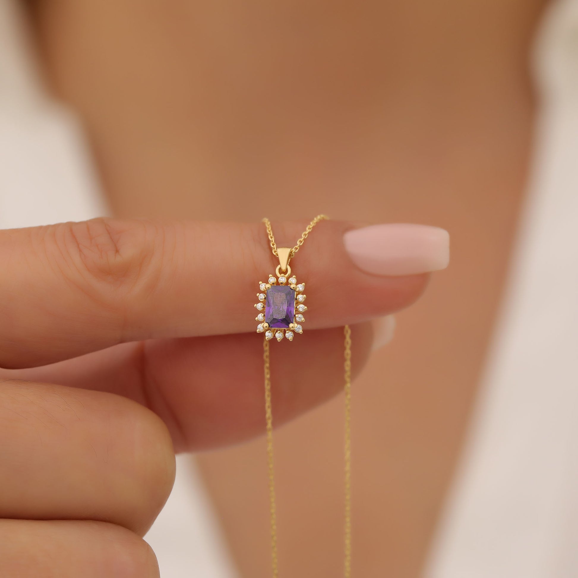 Amethyst Rectangle Necklace Surrounded by Real Diamonds in 14K Solid Gold, February Birthstone Jewelry Queen Jewelry Necklace