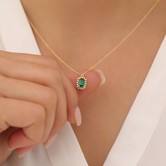 Emerald Rectangle Necklace Surrounded by Real Diamonds in 14K Solid Gold, May Birthstone Jewelry Queen Jewelry Necklace