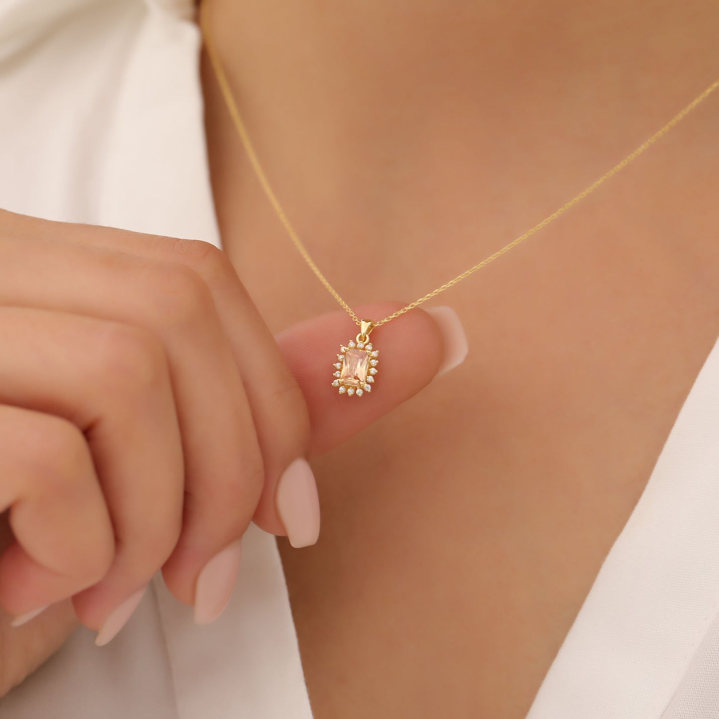 Citrine Rectangle Necklace Surrounded by Real Diamonds in 14K Solid Gold, November Birthstone Jewelry Queen Jewelry Necklace